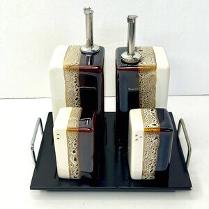 Pier 1 Tri-Color Cruet Condiment Set 5 Wooden Tray Oli Vinegar Salt & Pepper